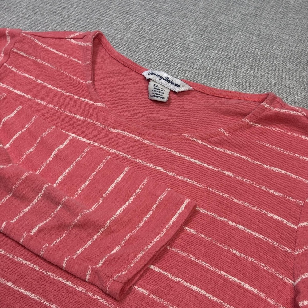 Tommy Bahama T-Shirt Womens XS Pink Jersey Scoop Neck 3/4 Sleeve Striped